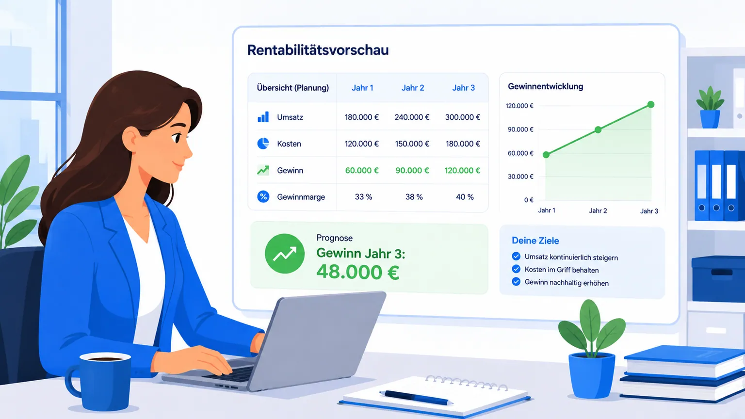 Illustration: Rentabilitätsvorschau über drei Jahre mit Umsatz, Kosten und Gewinn
