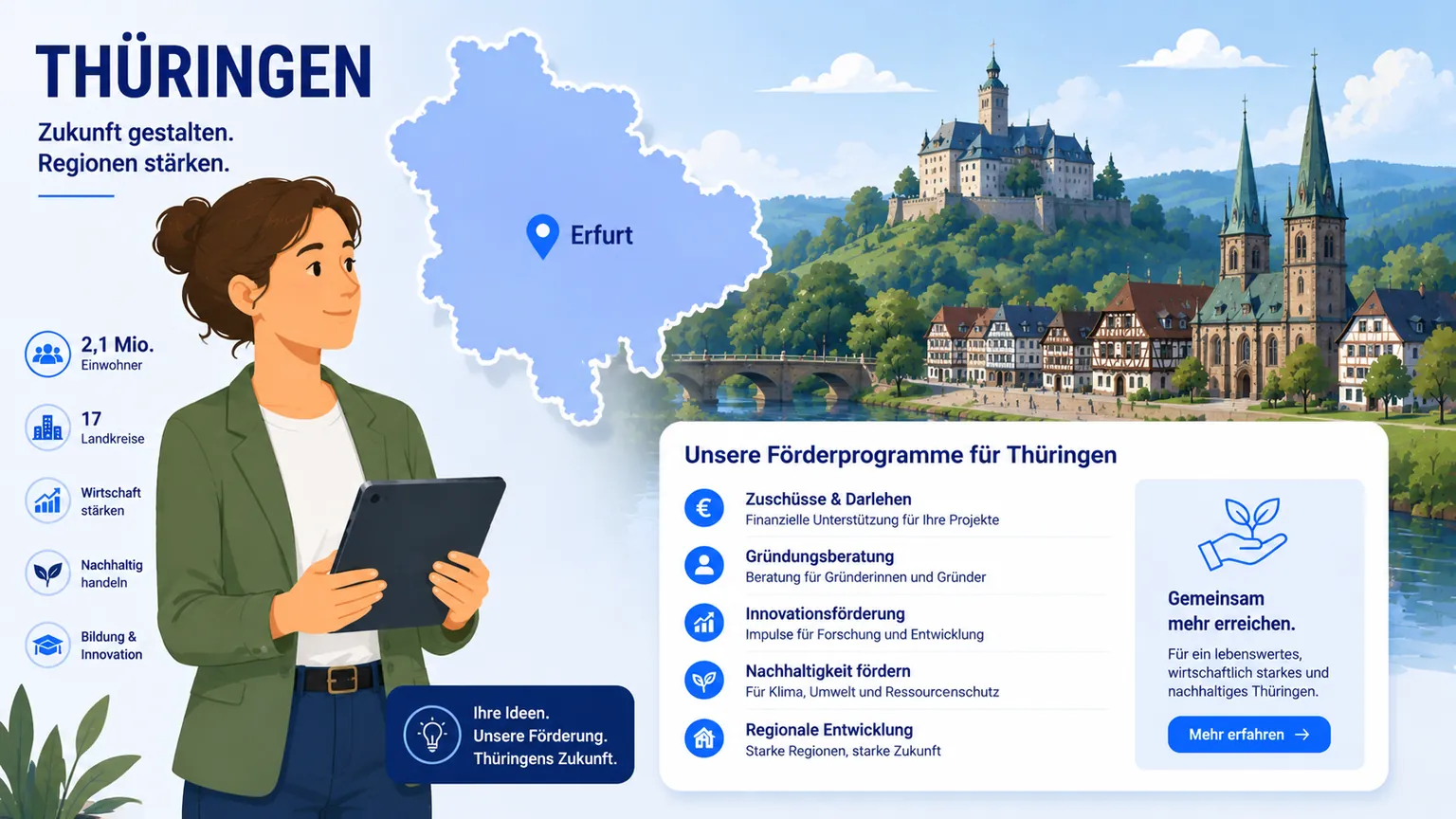 Illustration: Gründung in Thüringen – Landkarte, regionale Anlaufstellen und Förderprogramme
