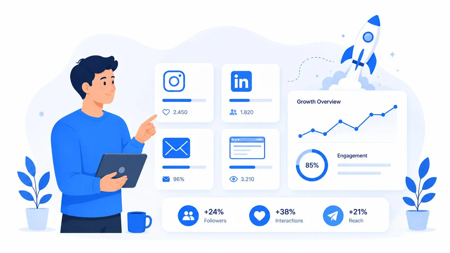 Illustration: Gründer prüft Marketing-Ranking und Wachstumskurve auf dem Smartphone