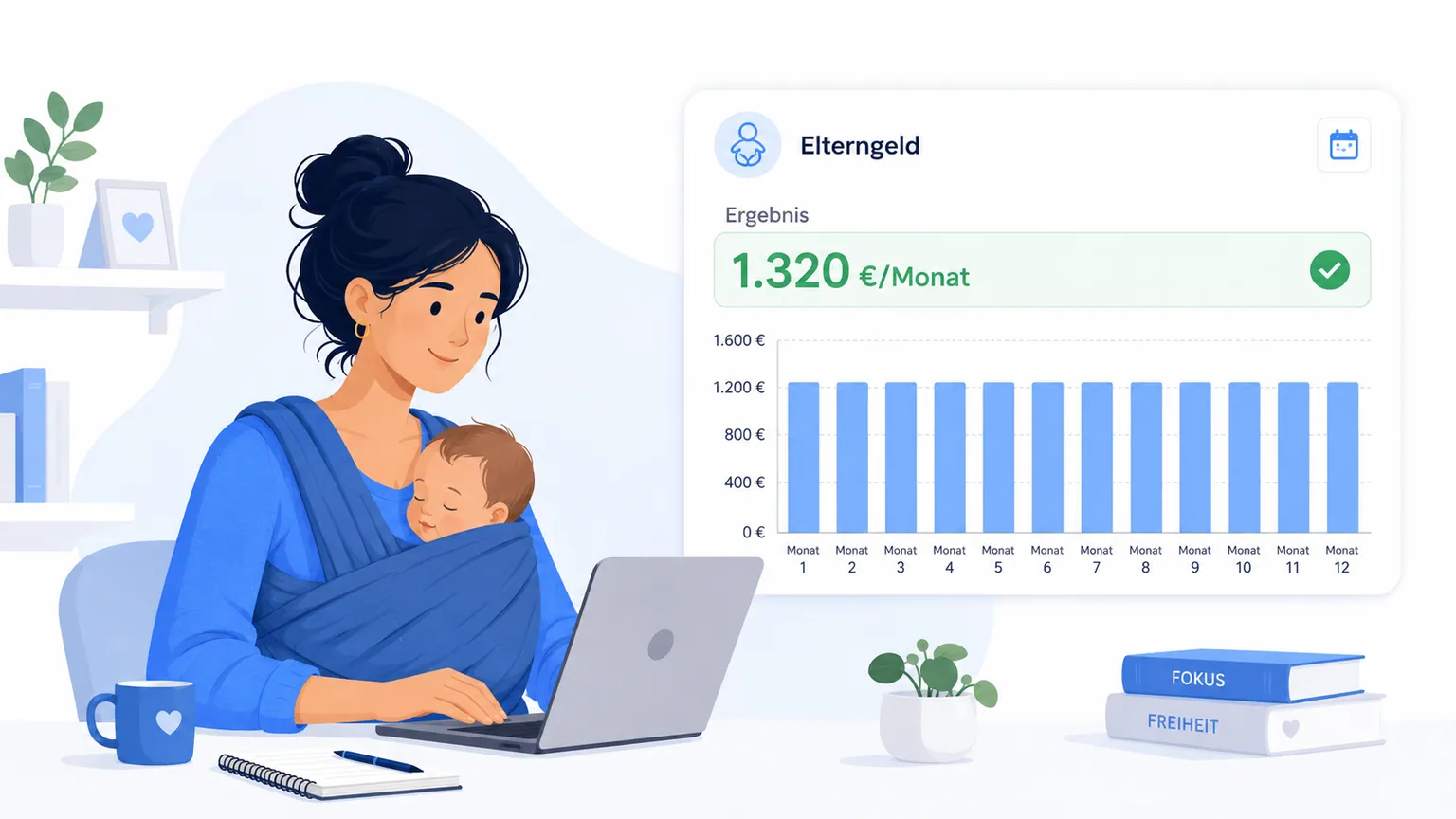 Illustration: Selbstständige Mutter mit Baby und Elterngeld-Berechnung über zwölf Monate