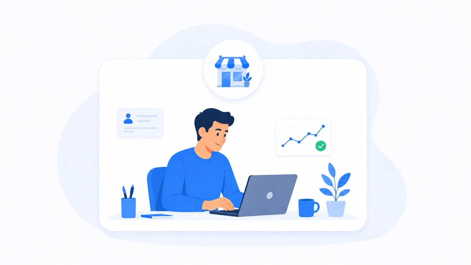 Illustration: Einzelunternehmer am Schreibtisch mit Laden-Symbol und Umsatzkurve