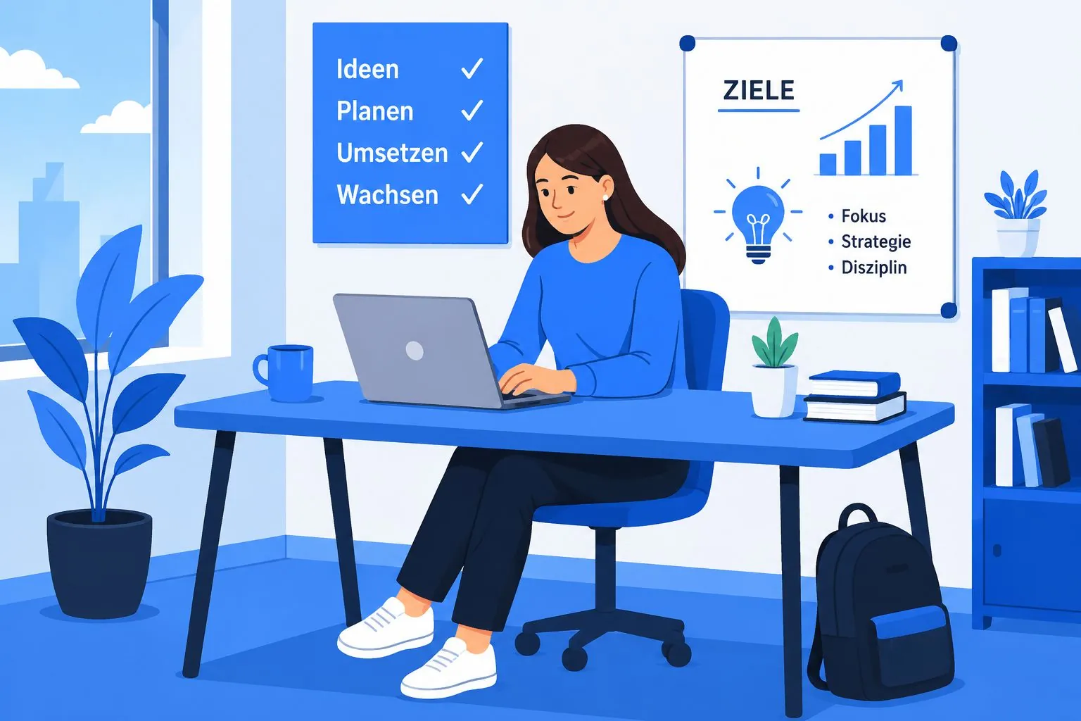 Illustration: Gründerin arbeitet fokussiert am Laptop, daneben Ziele und Wachstumskurve