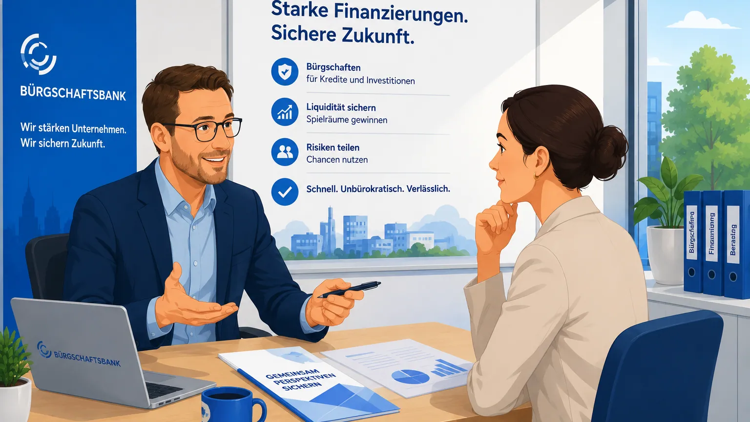 Illustration: Bürgschaftsbank als Schutzschild zwischen Gründer und Hausbank, Kreditvertrag mit Siegel
