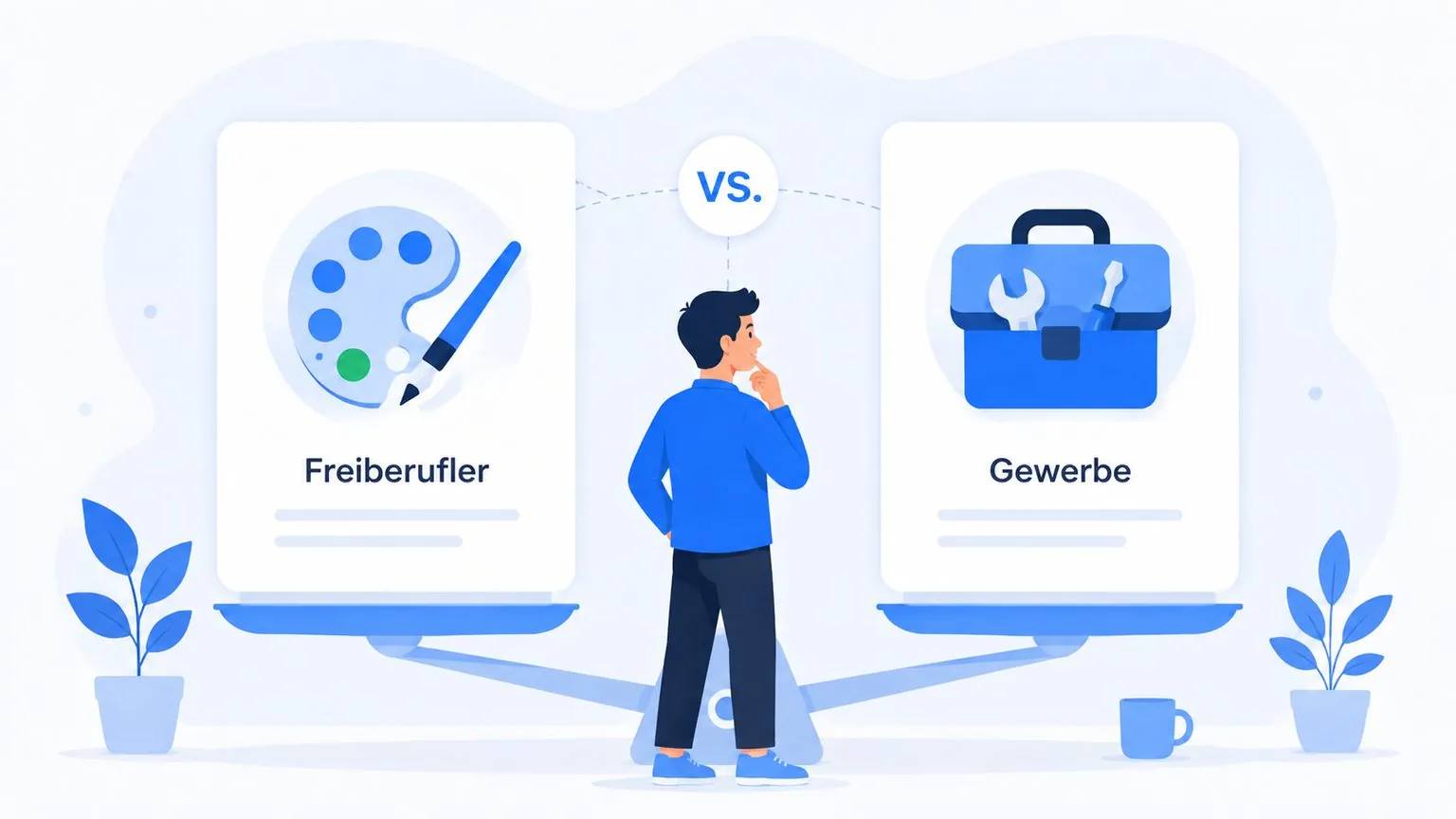 Illustration: Waage mit Karten Freiberufler und Gewerbe, Gründer vergleicht beide