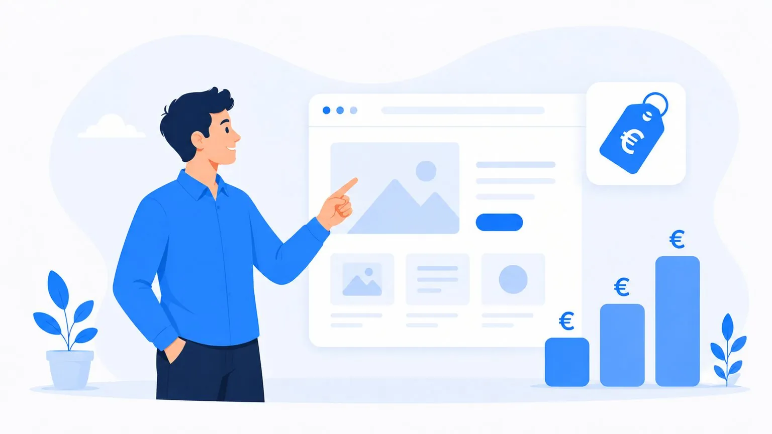 Illustration: Gründer betrachtet Website-Entwurf mit Preisschild und steigenden Kostenbalken