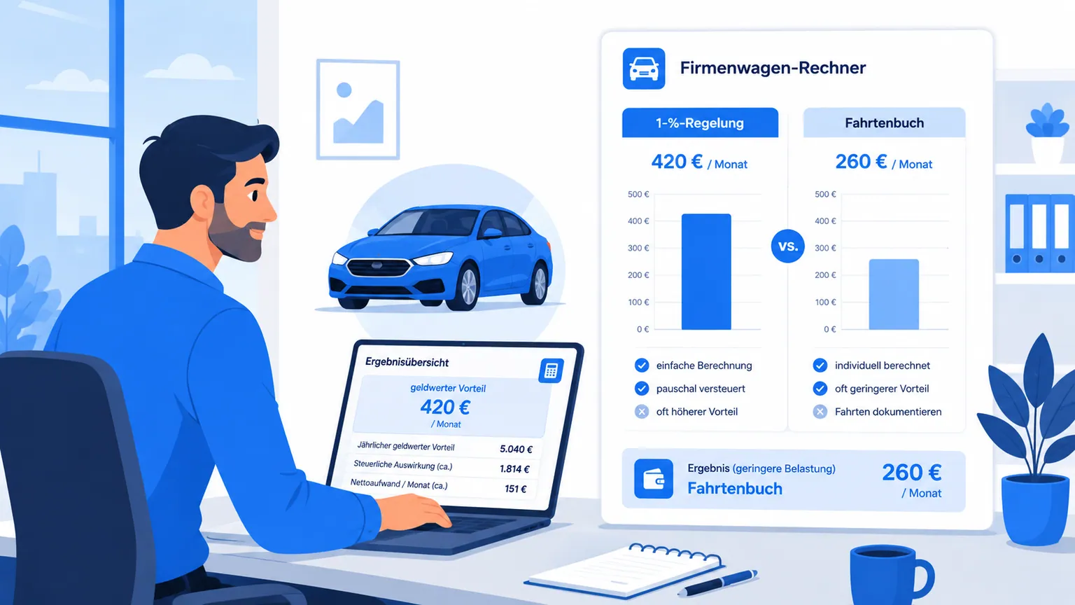 Illustration: Firmenwagen-Rechner mit Vergleich von Ein-Prozent-Regel und Fahrtenbuch