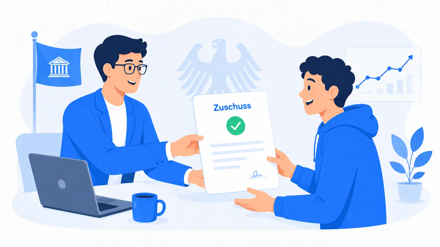 Illustration: Gründer aus dem Bürgergeld-Bezug startet selbstständig, Jobcenter-Antrag und Euro-Zuschuss