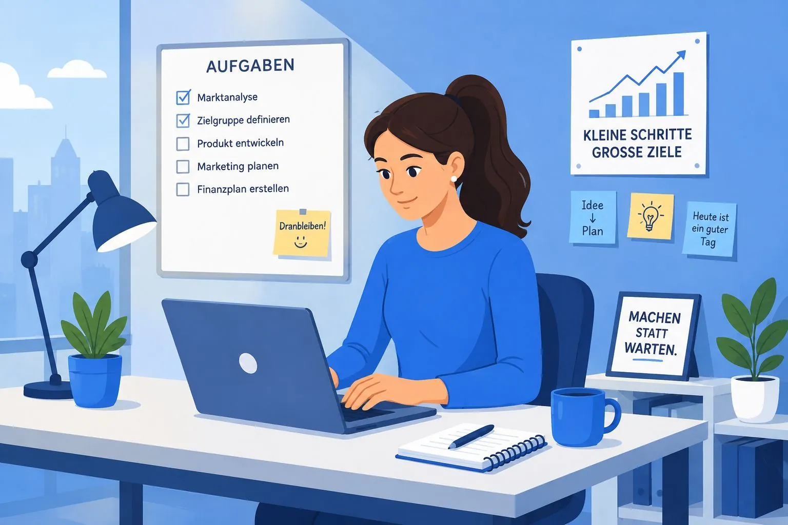 Illustration: Gründerin arbeitet Aufgabenliste mit Marktanalyse und Zielgruppendefinition ab