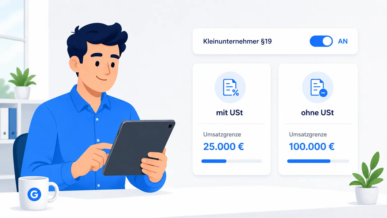 Illustration: Kleinunternehmer-Schalter nach §19 mit Umsatzgrenzen 25.000 und 100.000 Euro