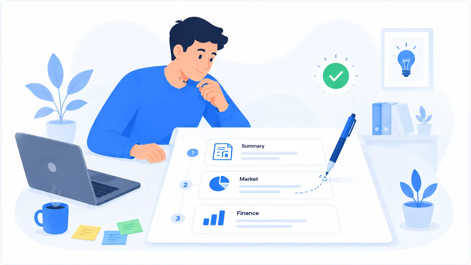 Illustration: Executive Summary als erste Seite des Businessplans, Investor liest die Kurzfassung