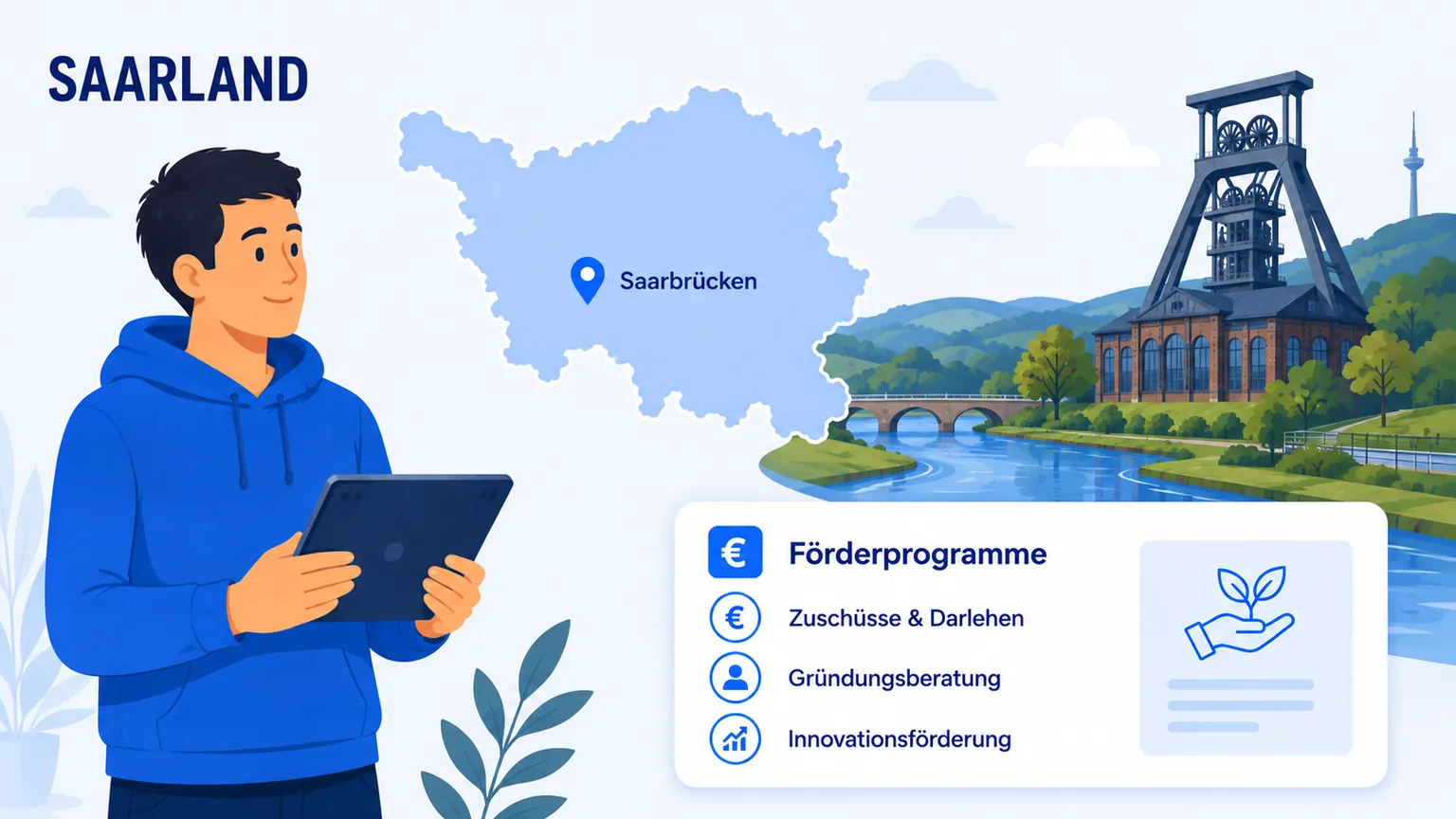 Illustration: Gründung im Saarland – Landkarte, regionale Anlaufstellen und Förderprogramme