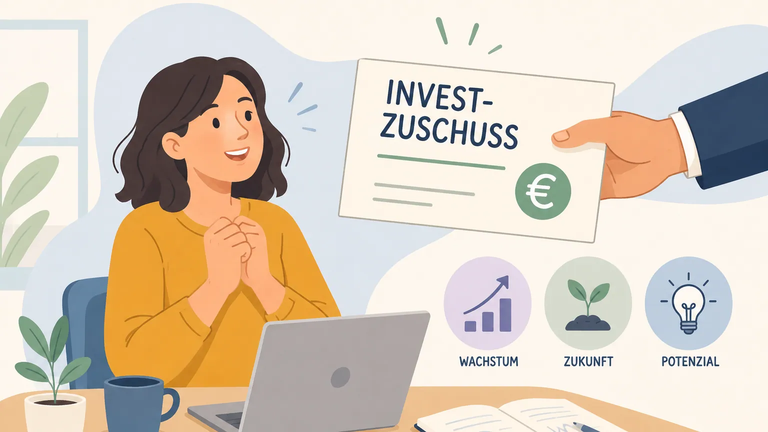 Illustration: Investor und Startup mit INVEST-Zuschuss, Anteilsschein und Euro-Erstattung