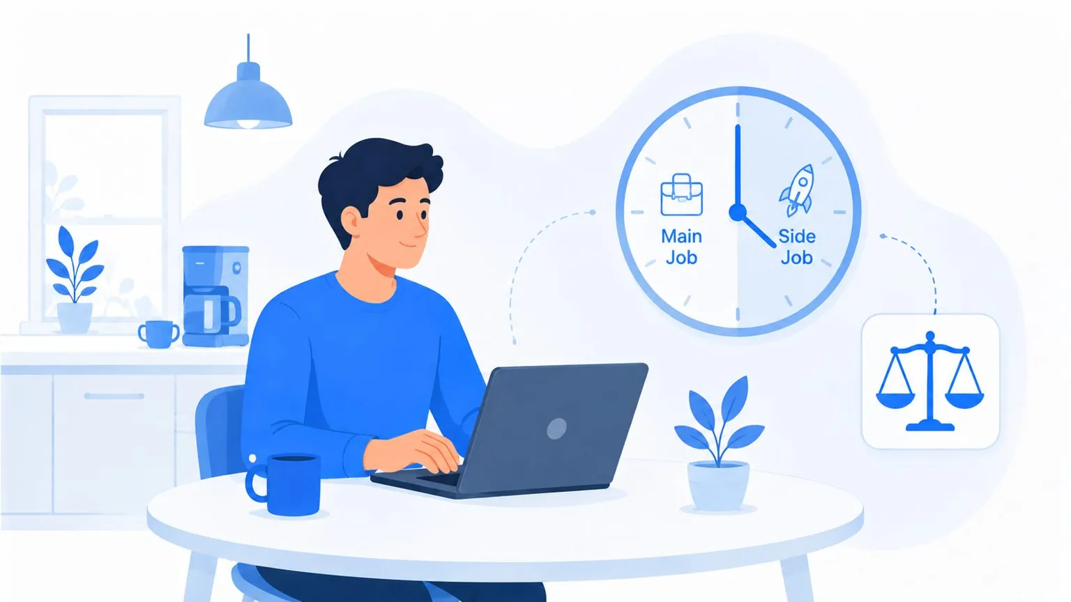 Illustration: Gründer zwischen Anstellung und Nebengewerbe – Bürostuhl und Laptop-Shop