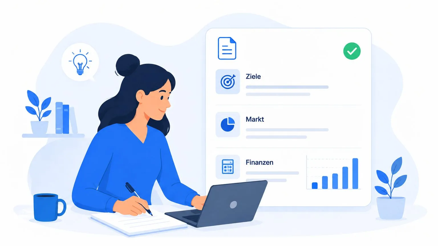 Illustration: Gründerin schreibt am Businessplan mit Checkliste und Finanzdiagramm