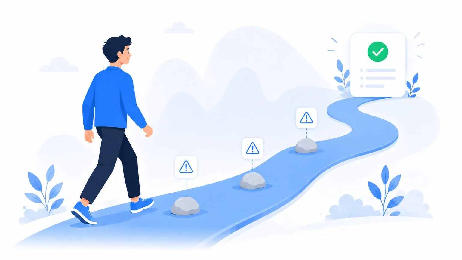 Illustration: Gründer auf blauem Weg mit Stolpersteinen und Warnhinweisen bis zur Checkliste