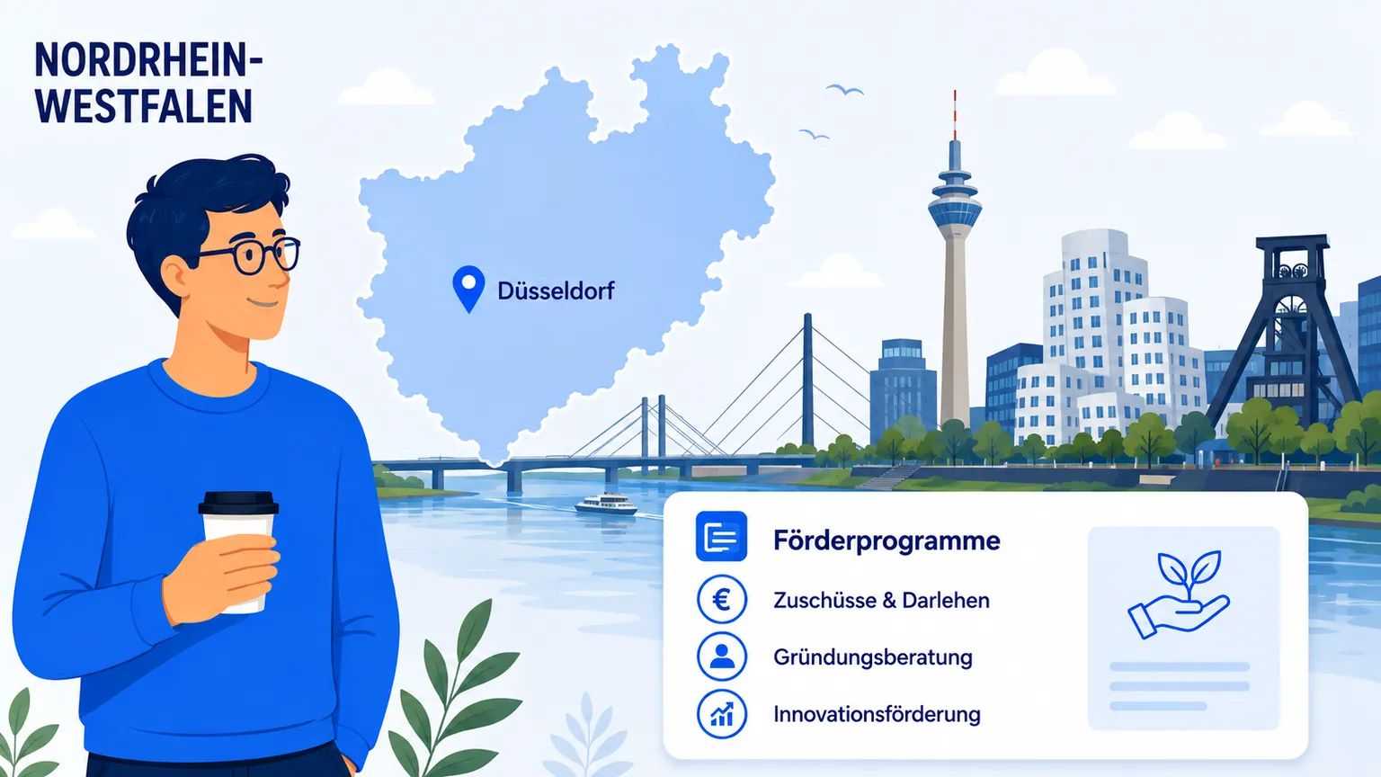 Illustration: Gründung in Nordrhein-Westfalen – Landkarte, regionale Anlaufstellen und Förderprogramme
