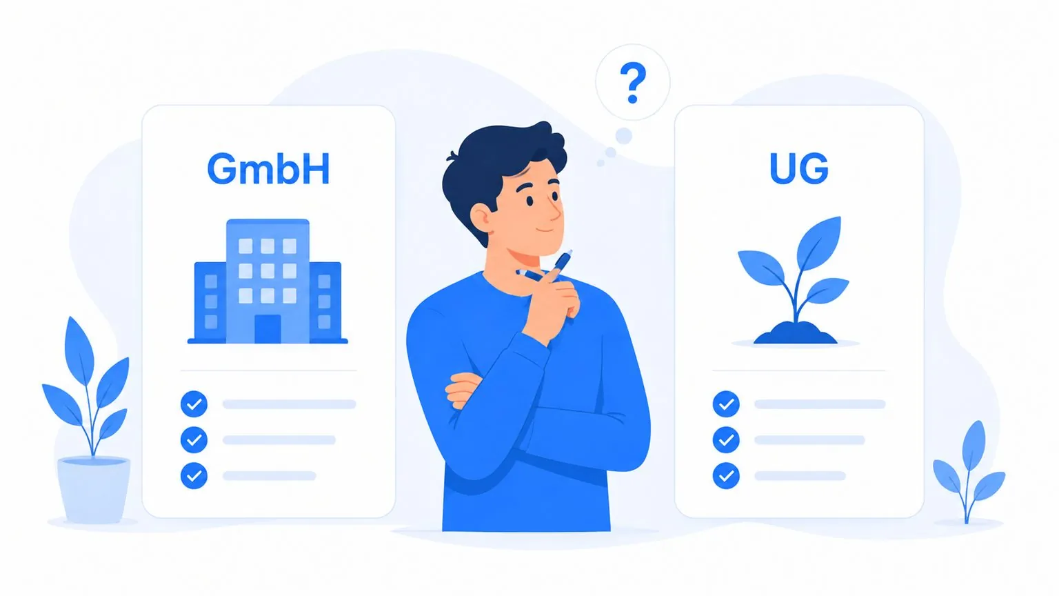 Illustration: Vergleich von UG und GmbH nach Stammkapital, Haftung und Kosten