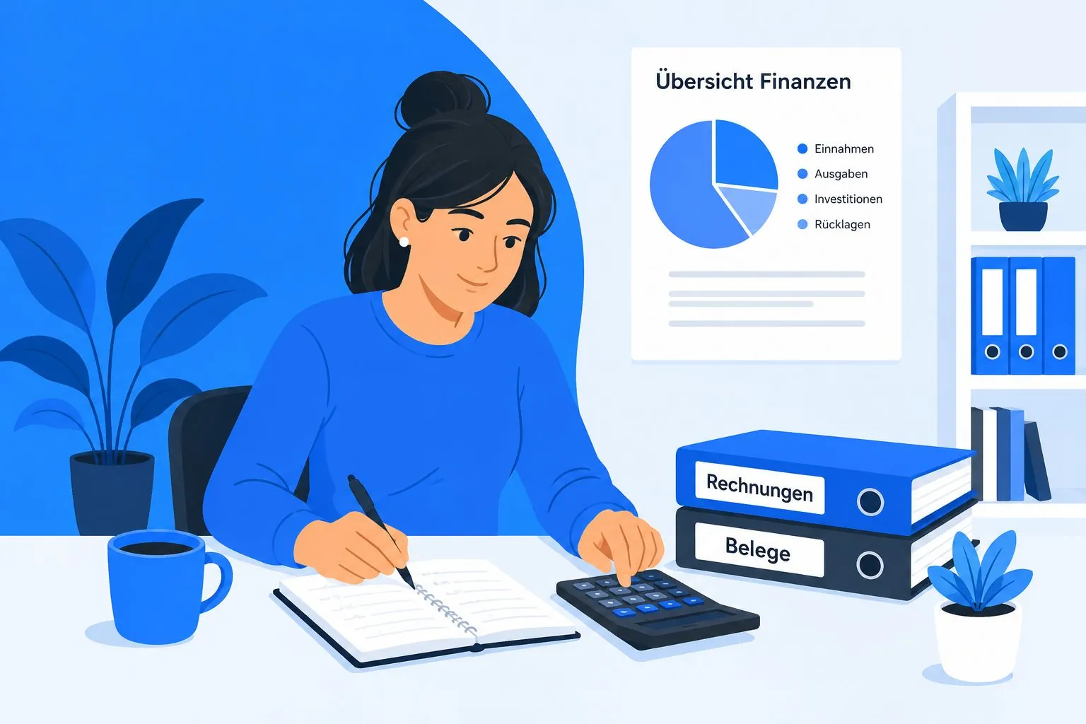 Illustration: Gründerin rechnet Finanzplan mit Einnahmen, Ausgaben und Rücklagen am Schreibtisch