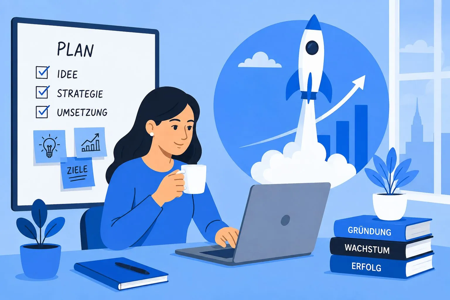 Illustration: Gründerin plant Strategie am Whiteboard, daneben startende Rakete als Symbol für Wachstum