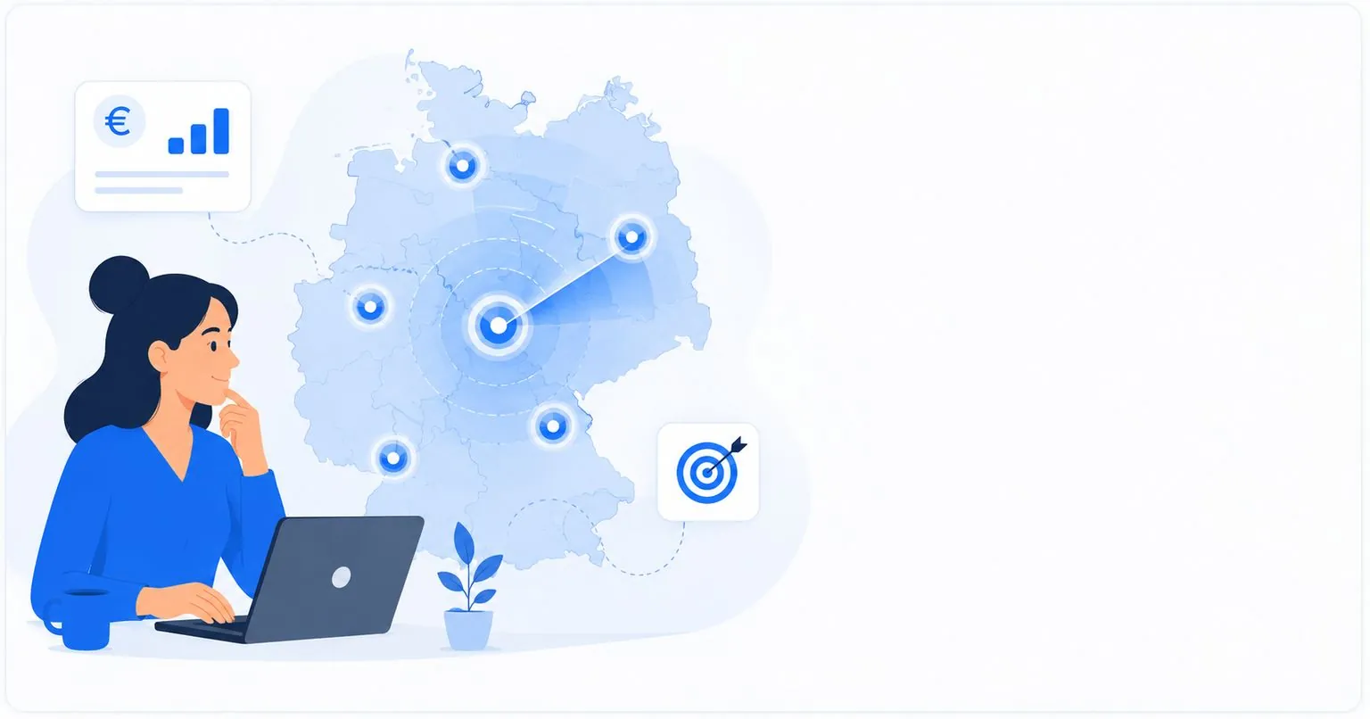 Illustration: Gründerin sucht am Laptop Förderprogramme, daneben Deutschlandkarte mit markierten Bundesländern
