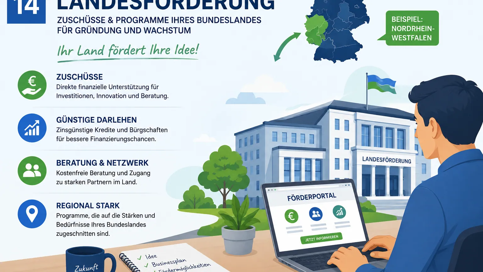 Illustration: Deutschlandkarte mit markierten Bundesländern und regionalen Förderprogrammen