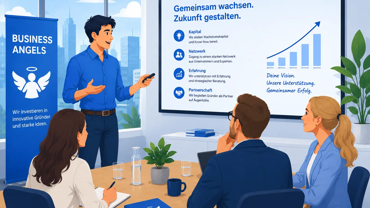Illustration: Business Angel reicht Gründerin Kapital, Wachstumskurve und Beteiligungsanteile im Hintergrund