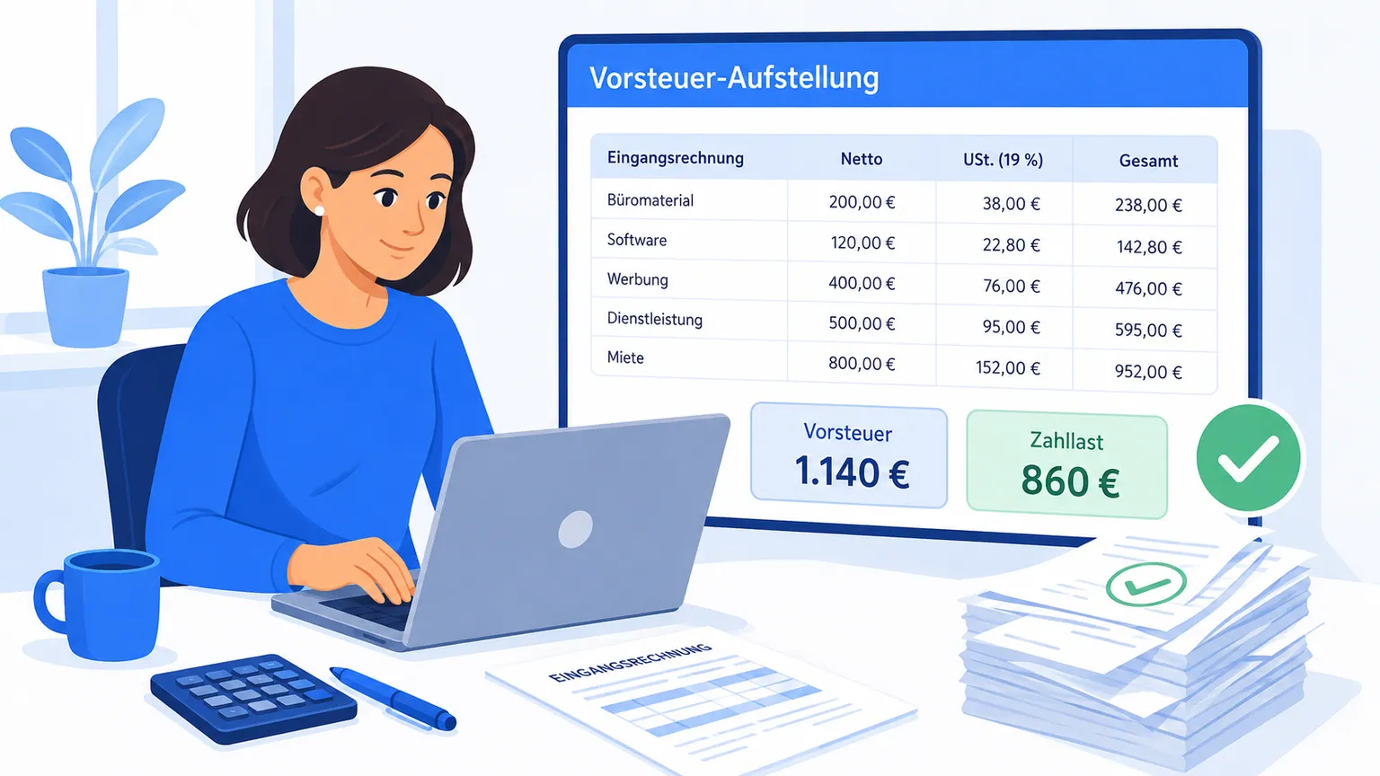 Illustration: Vorsteuer-Aufstellung mit Eingangsrechnungen, Vorsteuer und Zahllast