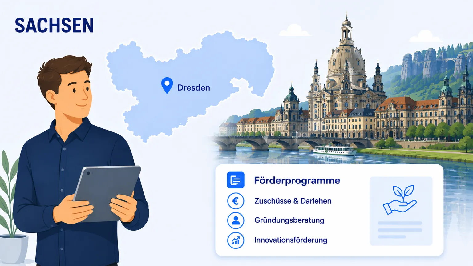 Illustration: Gründung in Sachsen – Landkarte, regionale Anlaufstellen und Förderprogramme