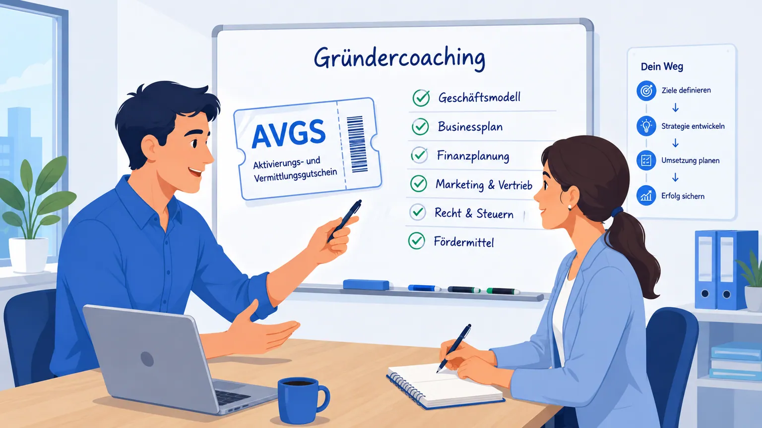 Illustration: Gründercoaching-Gespräch mit AVGS-Gutschein und Beratungsunterlagen