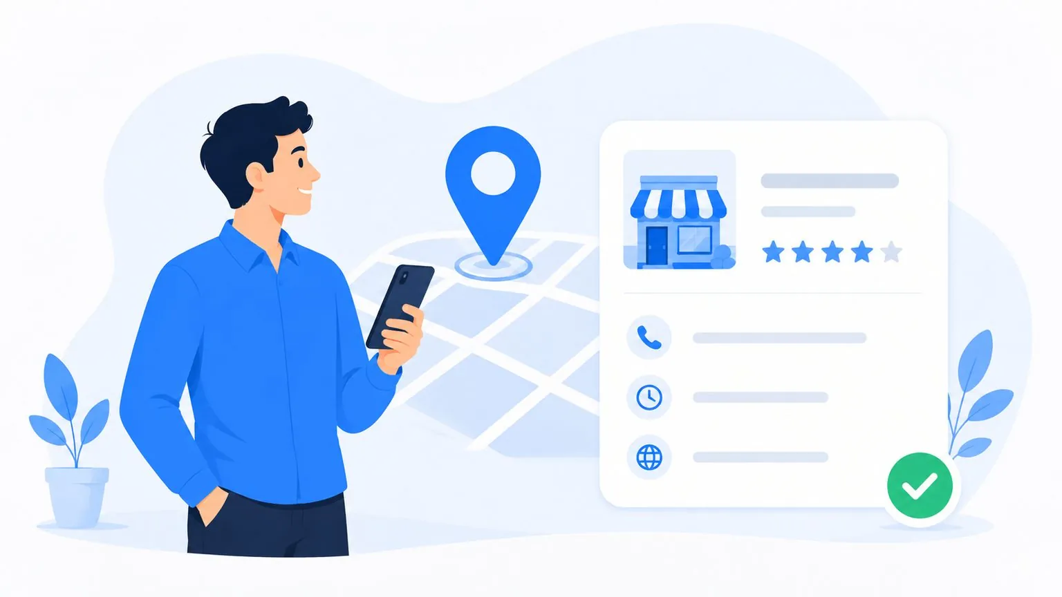 Illustration: Optimiertes Google-Unternehmensprofil mit Bewertungen, Karte und Kontaktdaten