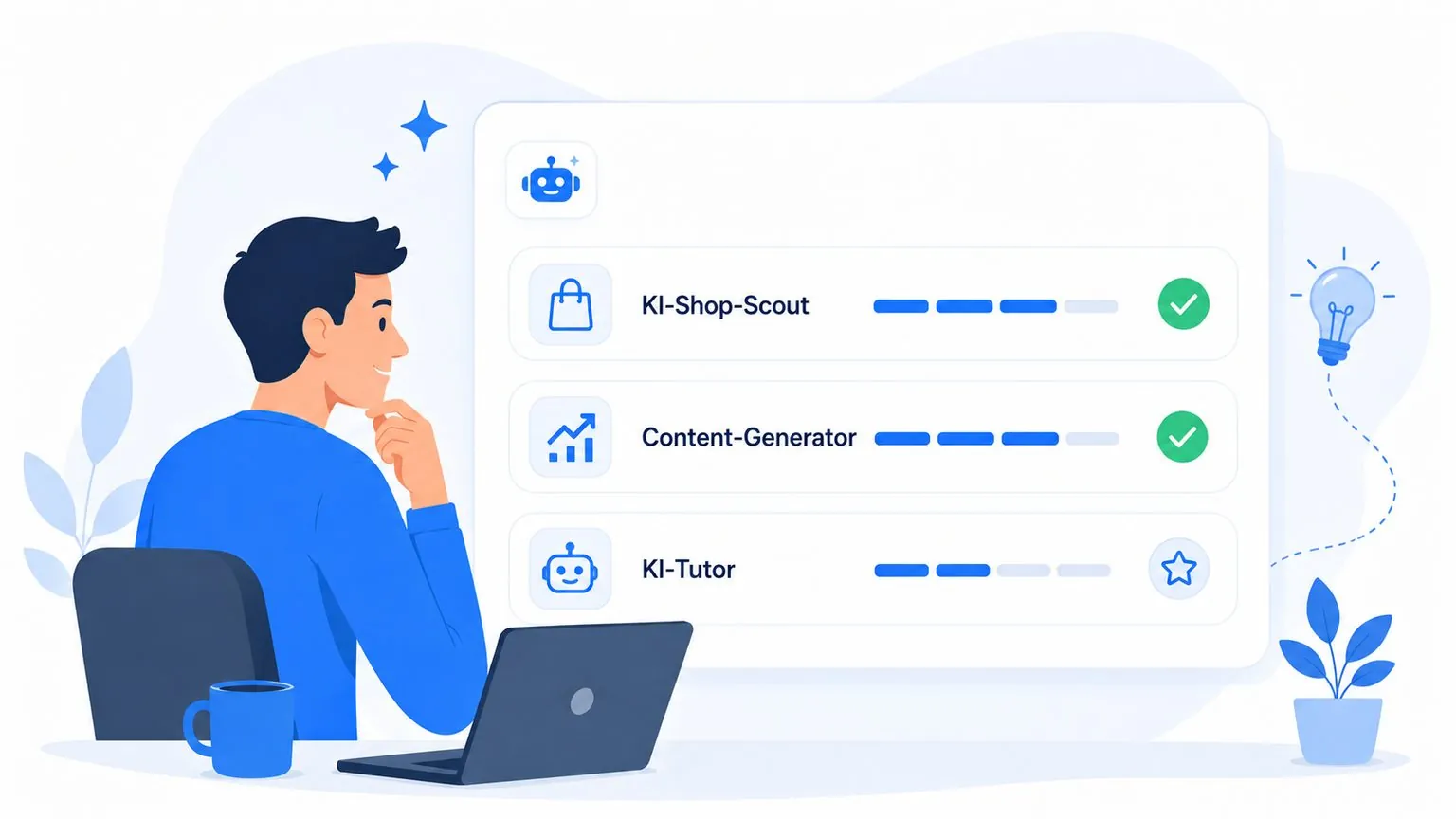 Illustration: Gründer vor einem Tools-Dashboard mit Rechner, Diagramm, Dokument und Zielscheibe