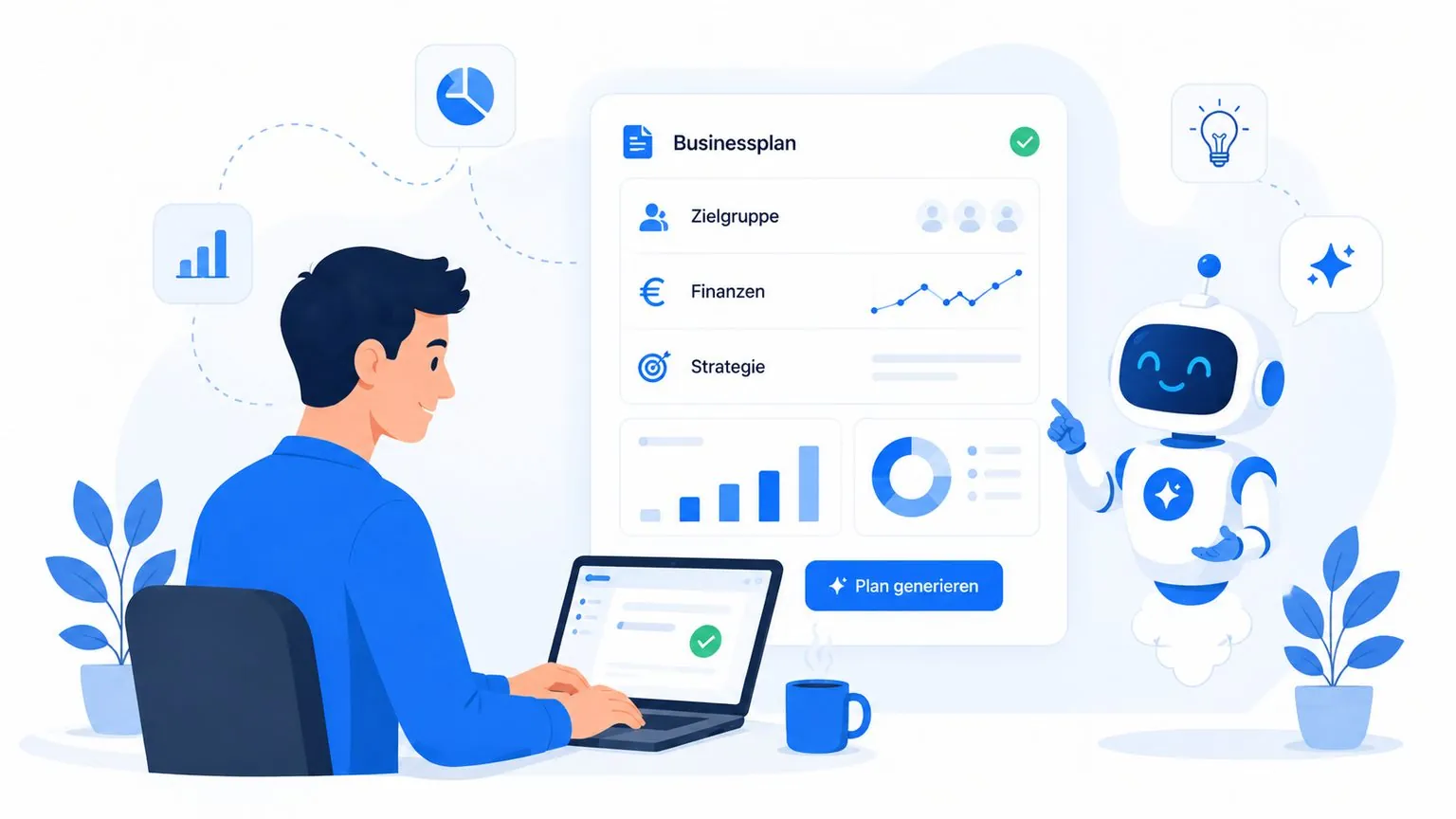 Illustration: fertiger KI-Businessplan mit grünem Haken und startender Rakete