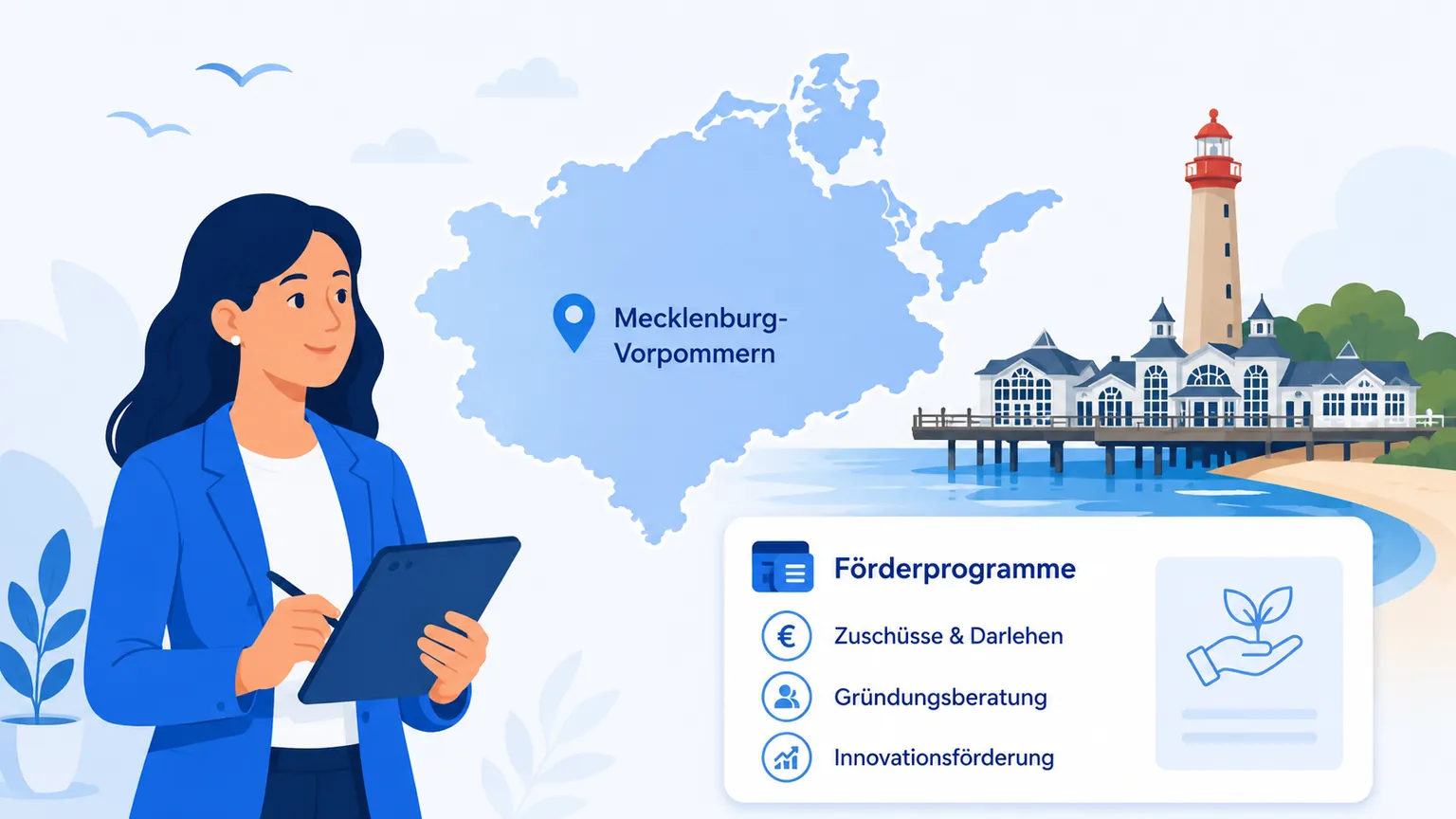 Illustration: Gründung in Mecklenburg-Vorpommern – Landkarte, regionale Anlaufstellen und Förderprogramme