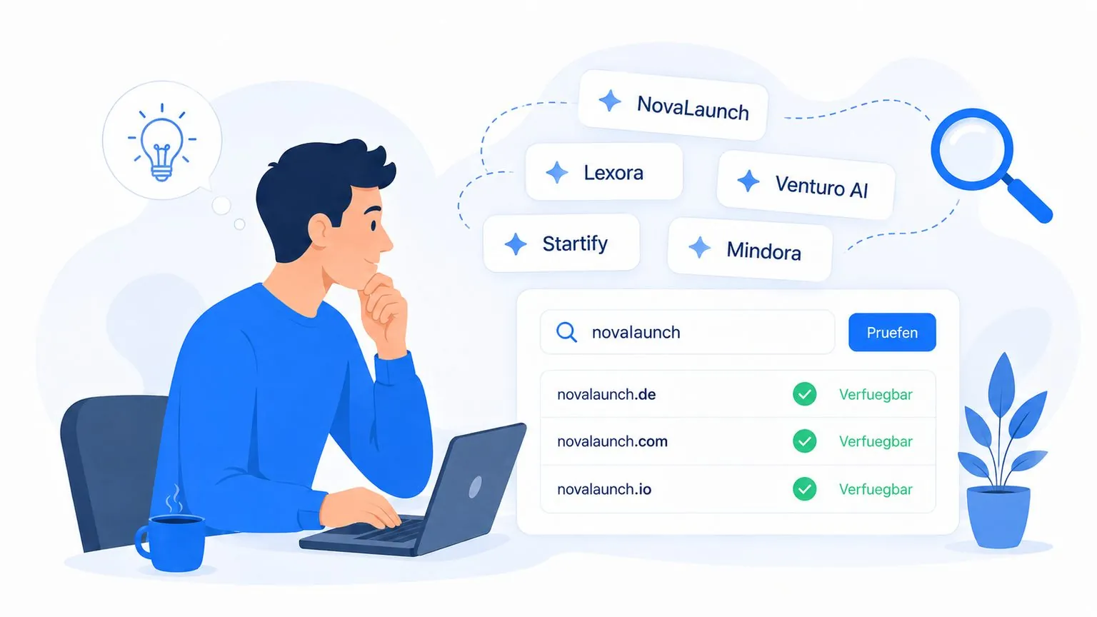 Illustration: KI schlägt Firmennamen vor und prüft die Verfügbarkeit der Domains .de, .com und .io