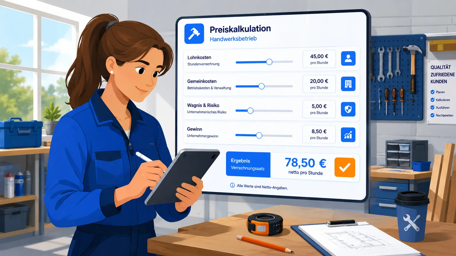 Illustration: Preiskalkulation im Handwerk mit Lohn-, Gemeinkosten und Verrechnungssatz