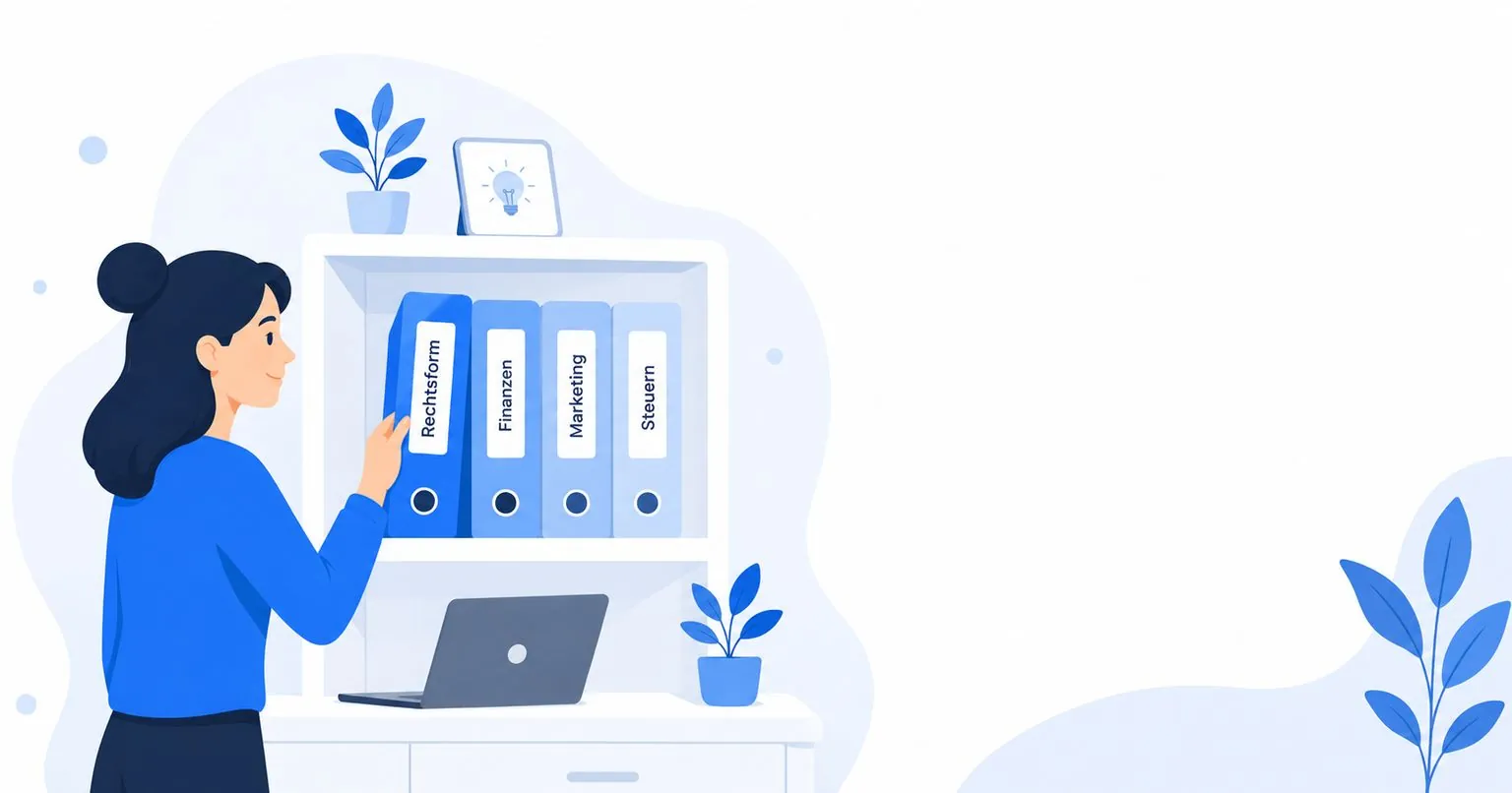 Illustration: Redakteurin zieht Ordner zu Rechtsform, Finanzen, Marketing und Steuern aus dem Regal