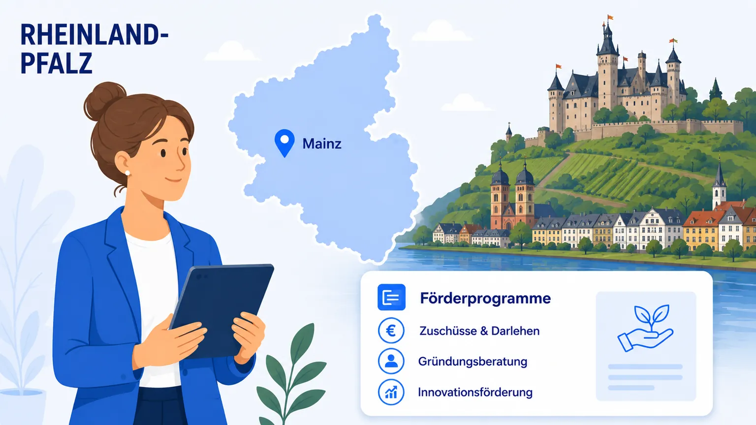 Illustration: Gründung in Rheinland-Pfalz – Landkarte, regionale Anlaufstellen und Förderprogramme