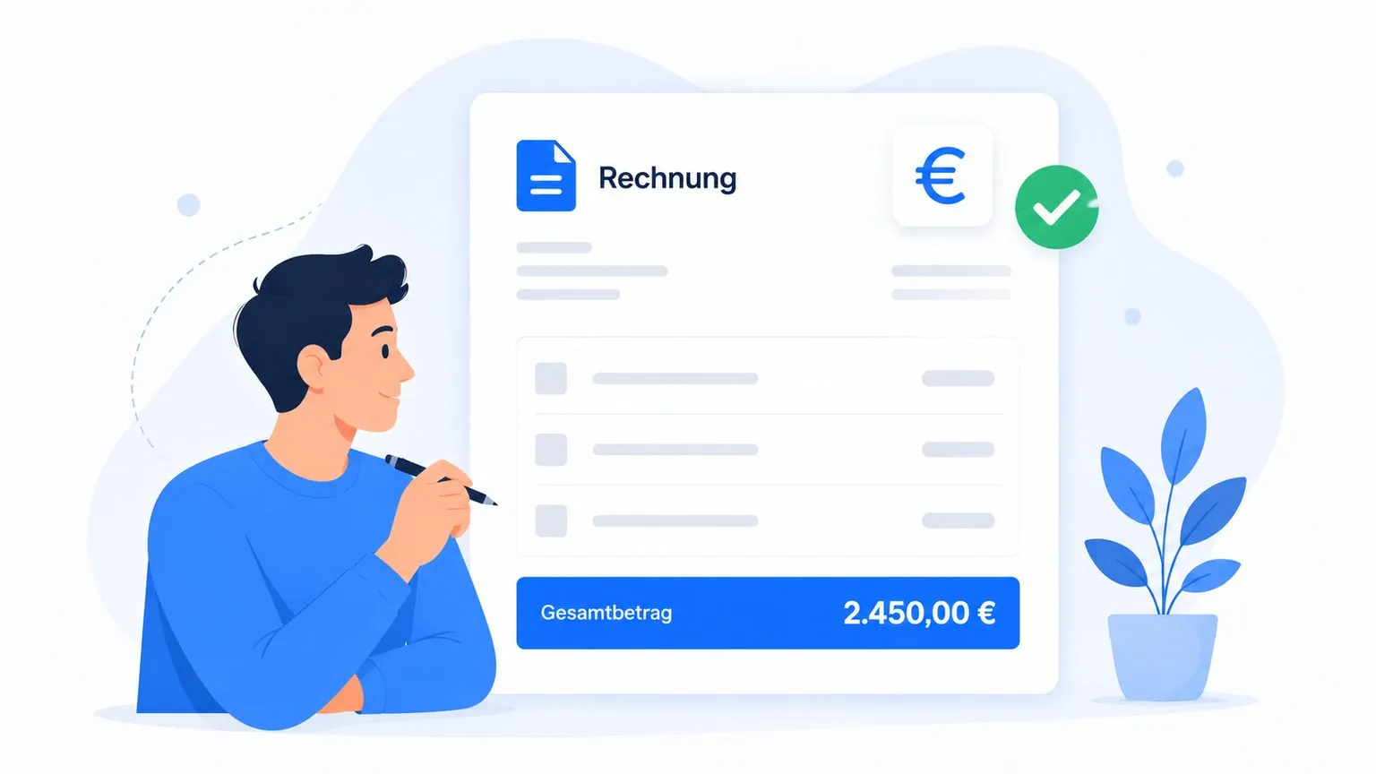 Illustration: Gründer prüft eine Rechnung mit Positionen und Gesamtbetrag