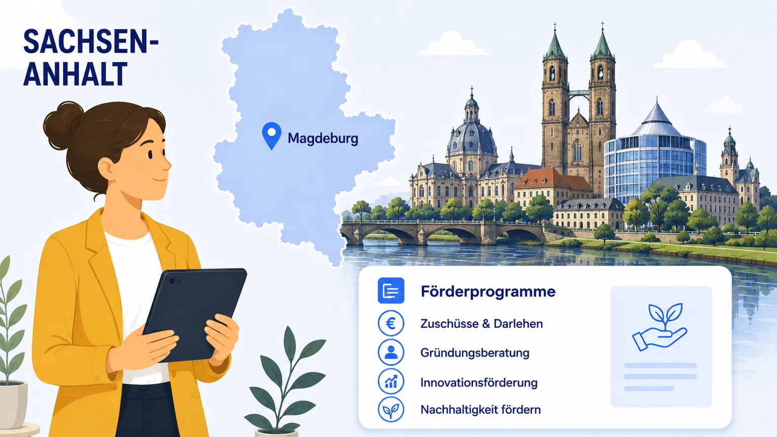 Illustration: Gründung in Sachsen-Anhalt – Landkarte, regionale Anlaufstellen und Förderprogramme