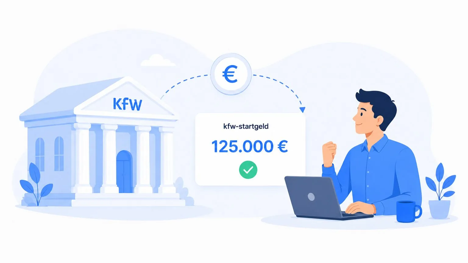 Illustration: KfW-Gebäude, Euro-Bogen und bewilligtes KfW-Startgeld auf einer Karte