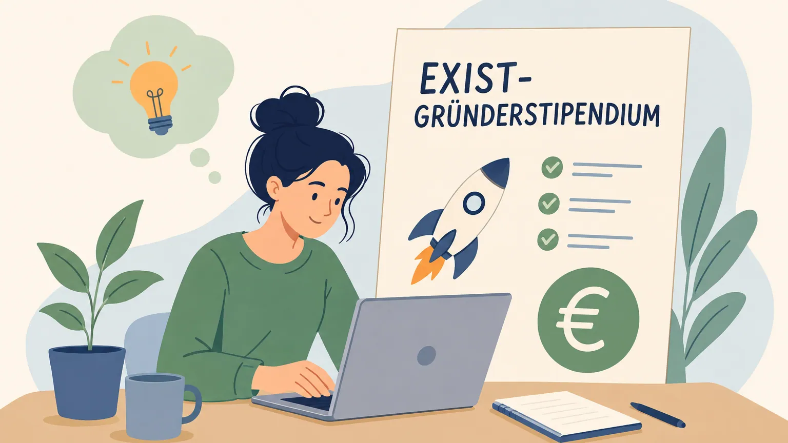Illustration: Hochschul-Gründerteam mit Stipendien-Urkunde und Innovationsidee