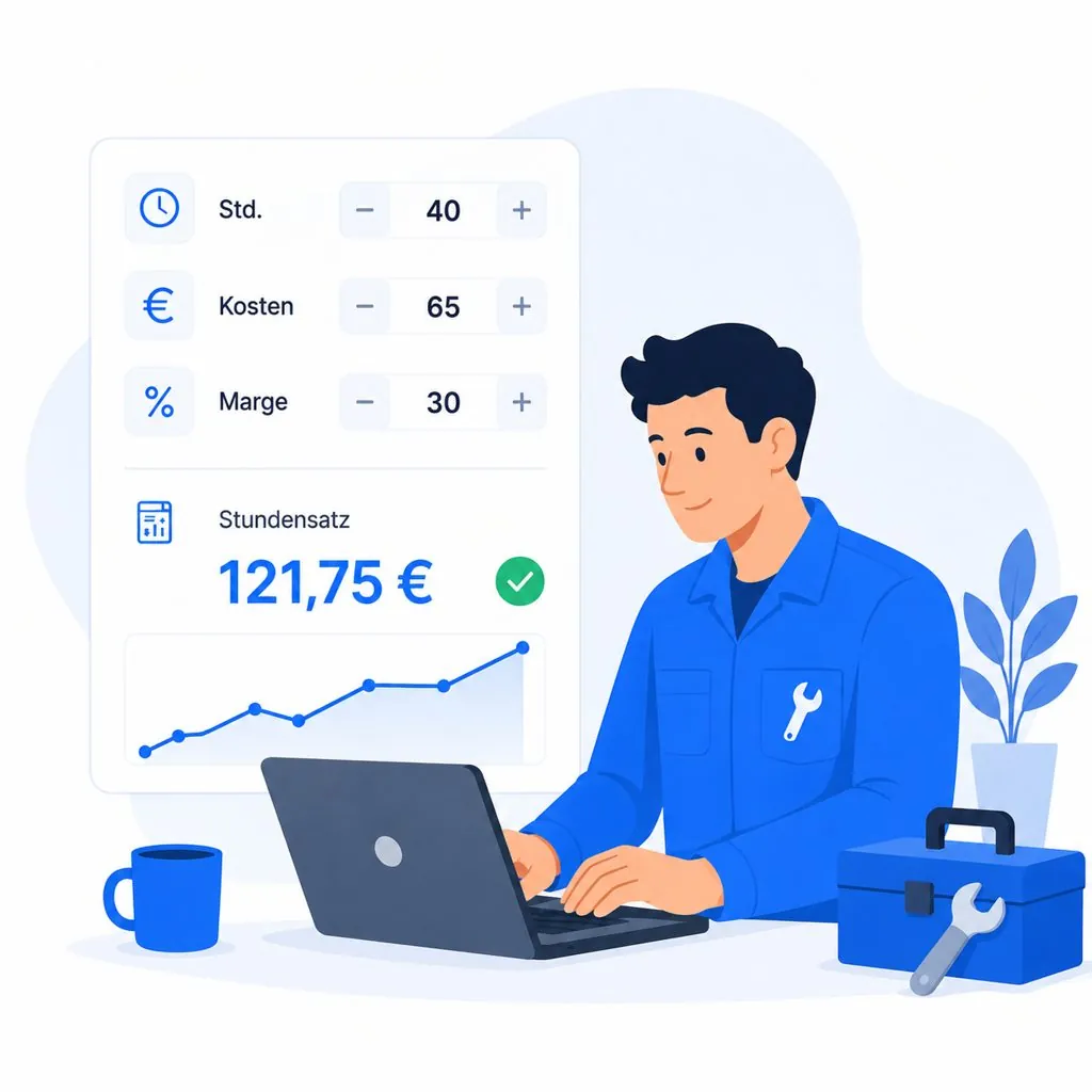 Illustration: Handwerker berechnet seinen Stundensatz aus Kosten und produktiven Stunden